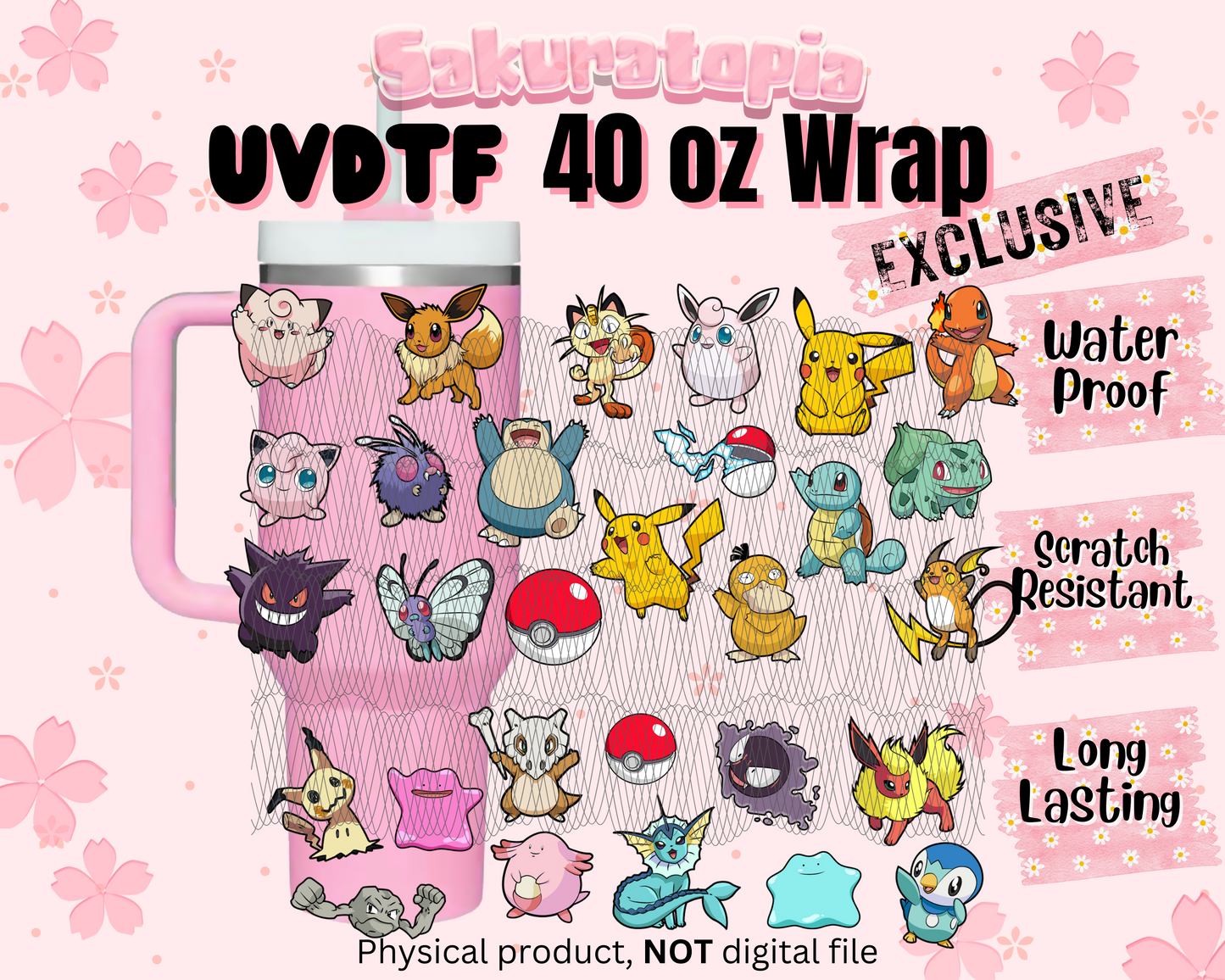 UVDTF 40oz Tumbler Pokémo Anime Wrap, Ready to Use Tumbler UVDTF transfers for tumbler | Ready to Apply UVDTF wraps for 40oz tumbler