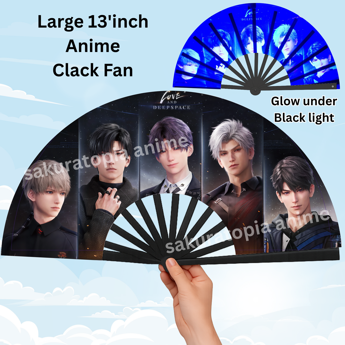 Love and Deep Space Anime Clack Fan, Anime Rave Clack Fan, Anime Party Clack Fan, Club fan, UV glow fan, Snap fan, festival fan, 13 inch Fan