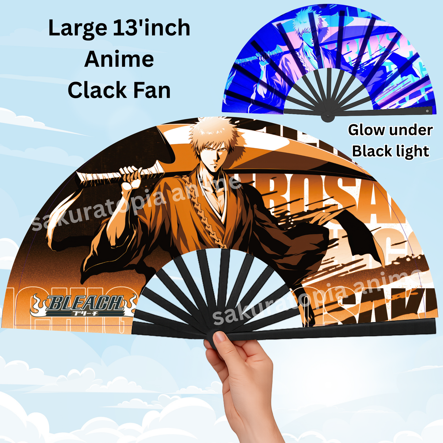 Bleach Anime Clack Fan, Anime Rave Clack Fan, Anime Party Clack Fan, Club fan, UV glow fan, Snap fan, festival fan, 13 inch Fan