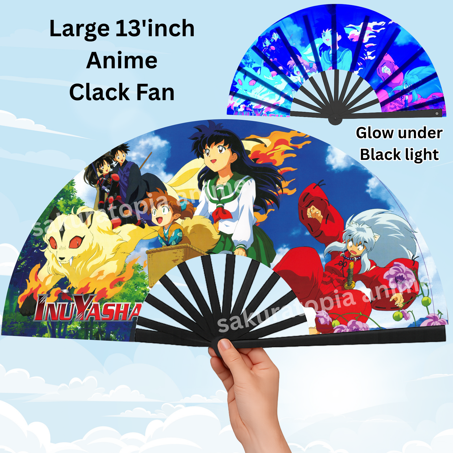 Inuyasha Anime Clack Fan, Anime Rave Clack Fan, Anime Party Clack Fan, Club fan, UV glow fan, Snap fan, festival fan, 13 inch Fan