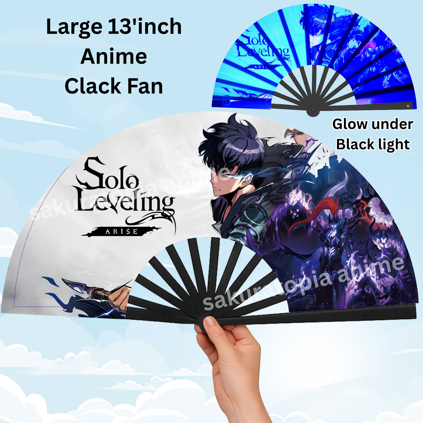 Solo Leveling Anime Clack Fan, Anime Rave Clack Fan, Anime Party Clack Fan, Club fan, UV glow fan, Snap fan, festival fan, 13 inch Fan