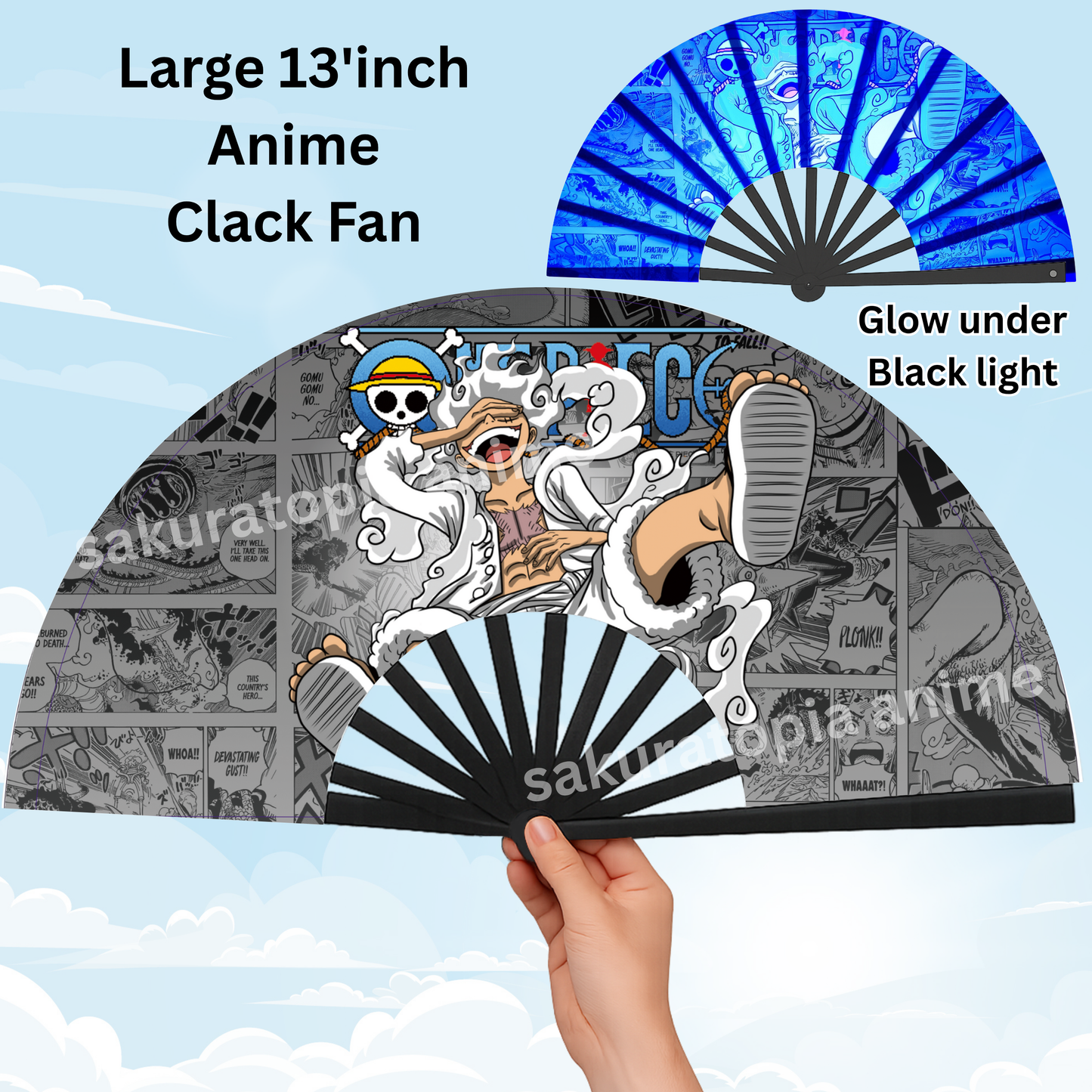 One Piece Anime Clack Fan, Anime Rave Clack Fan, Anime Party Clack Fan, Club fan, UV glow fan, Snap fan, festival fan, 13 inch Fan