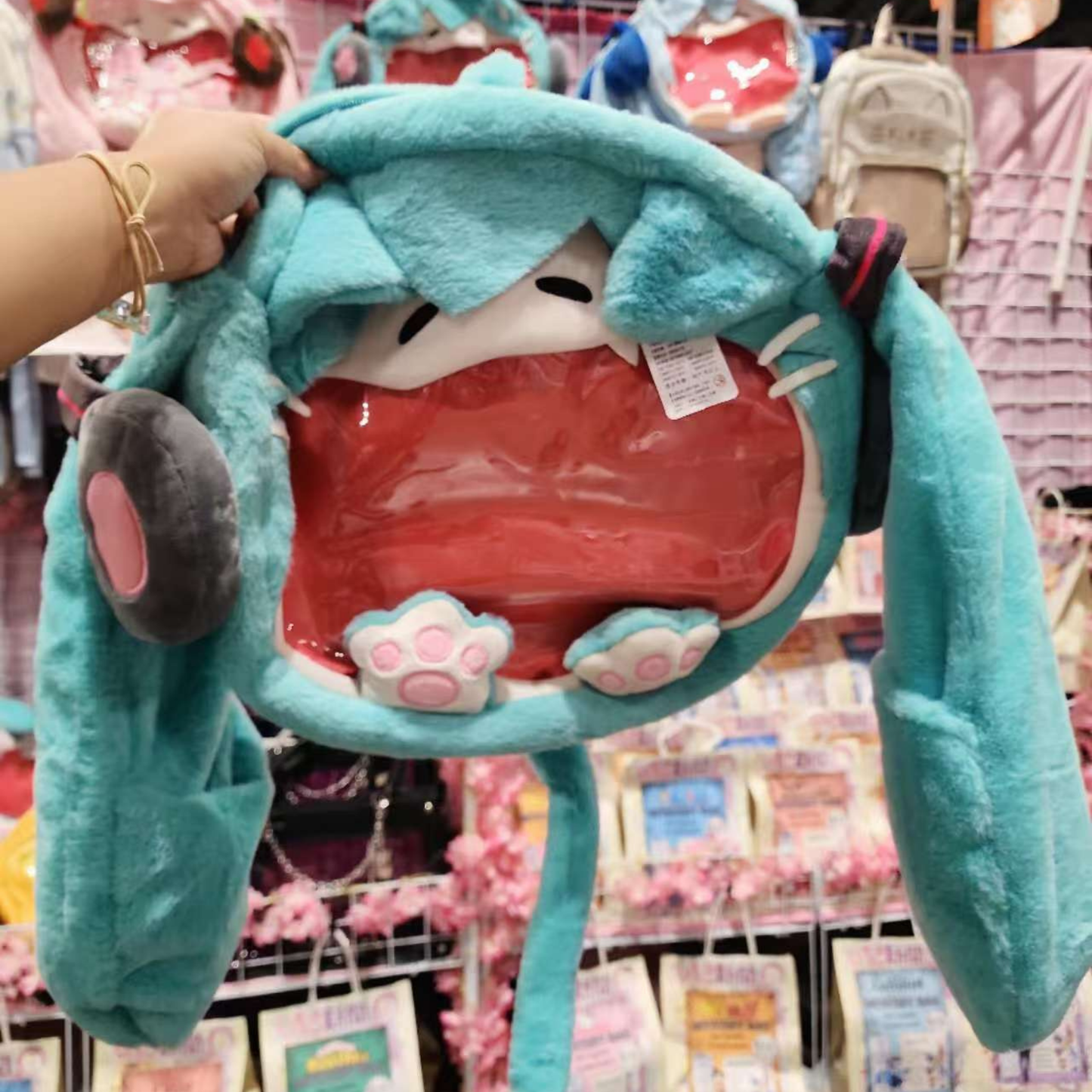 Large Hatsune Miku Cat Face Plush ITA Backpack, Adjustable Strap Bag, convertible cross body & backpack ita bag Kawaii Anime Backpack