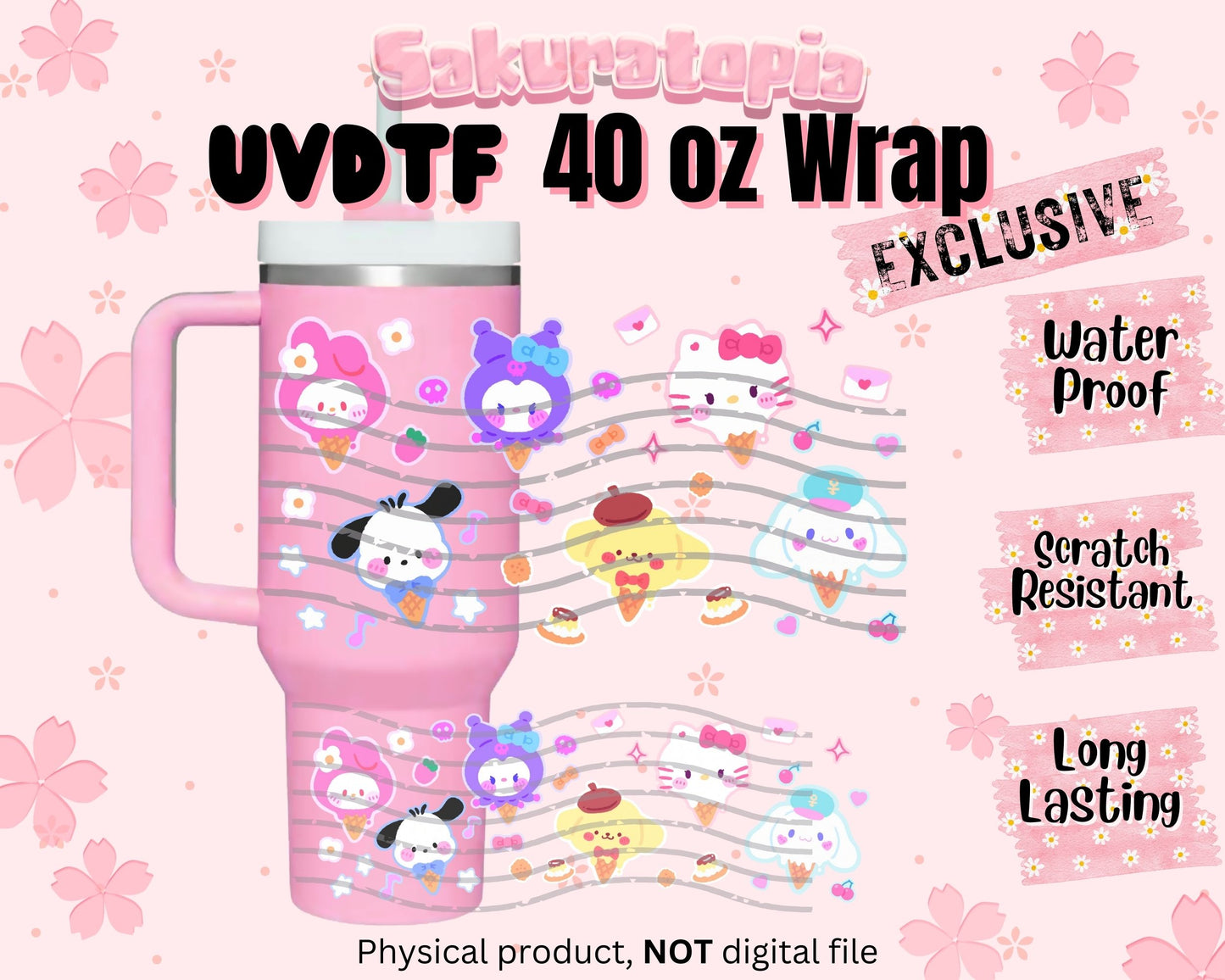 UVDTF 40oz Tumbler Sanrio Anime Wrap, Ready to Use Tumbler UVDTF transfers for tumbler | Ready to Apply UVDTF wraps for 40oz tumbler