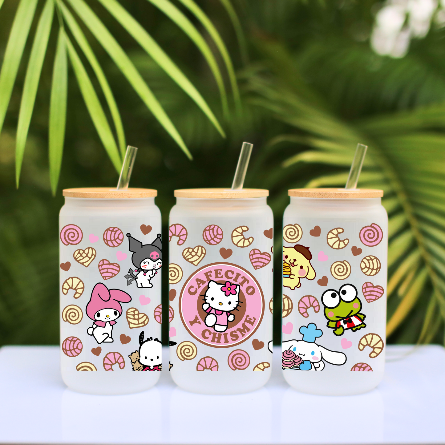 Hello Kitty Cafecito cup Anime 16oz Beer Can Glass with Straw and Lid