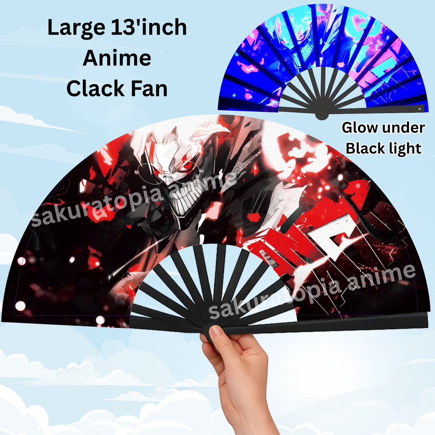 Okarun Anime Clack Fan, Anime Rave Clack Fan, Anime Party Clack Fan, Club fan, UV glow fan, Snap fan, festival fan, 13 inch Fan