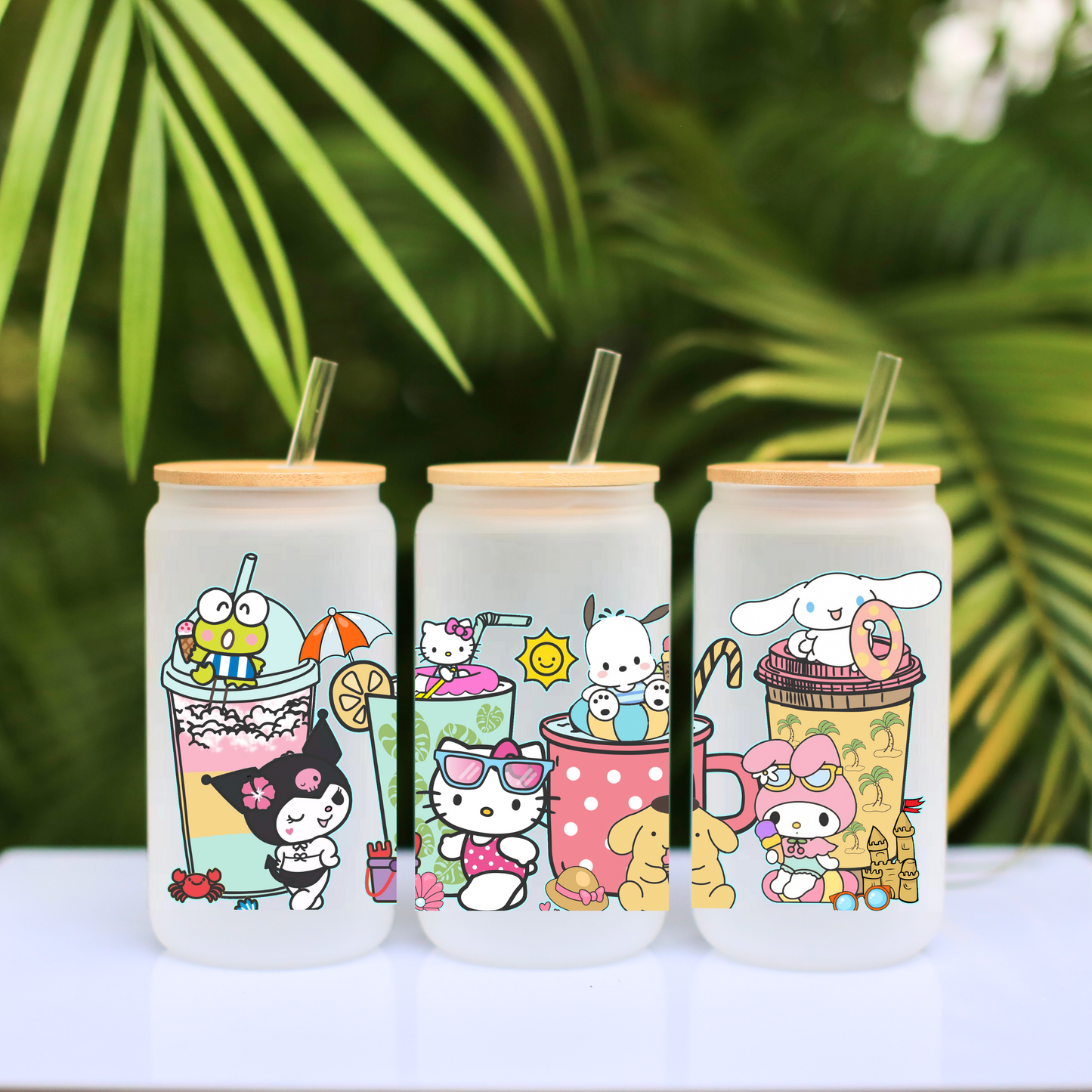 Sanrio Summer Time Anime 16oz Beer Can Glass with Straw and Lid