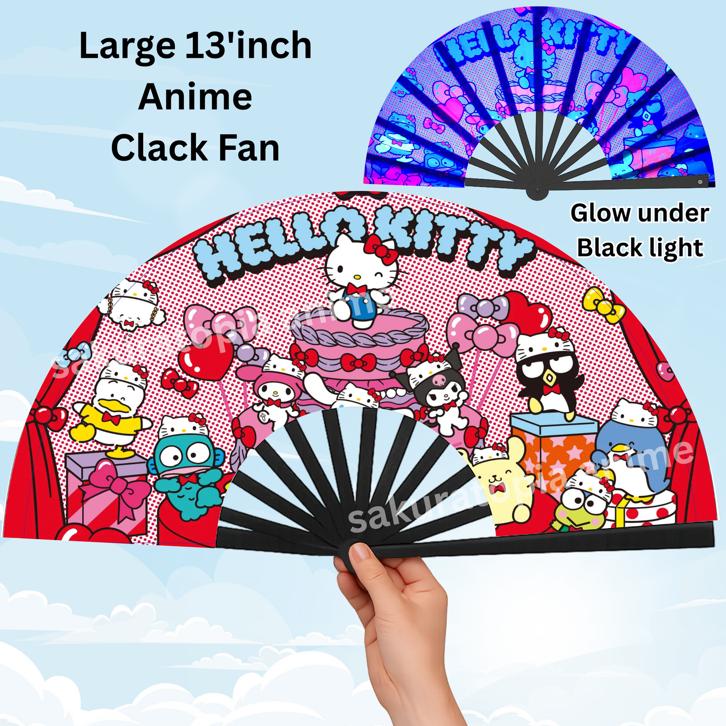 HK Anime Clack Fan, Anime Rave Clack Fan, Anime Party Clack Fan, Club fan, UV glow fan, Snap fan, festival fan, 13 inch Fan
