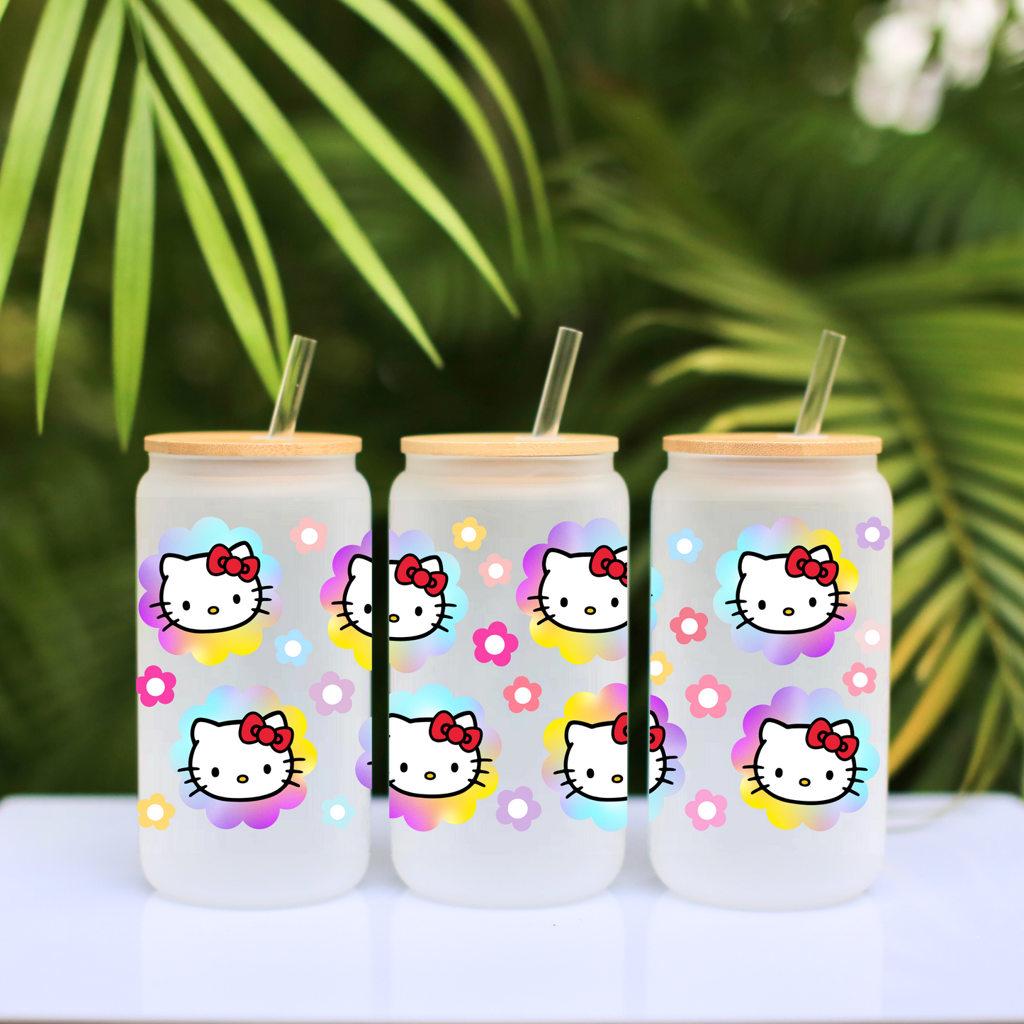 Hello Kitty Rainbow Flowers Anime 16oz Beer Can Glass with Straw and Lid