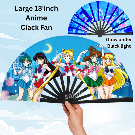 Sailor Moon Anime Clack Fan, Anime Rave Clack Fan, Anime Party Clack Fan, Club fan, UV glow fan, Snap fan, festival fan, 13 inch Fan