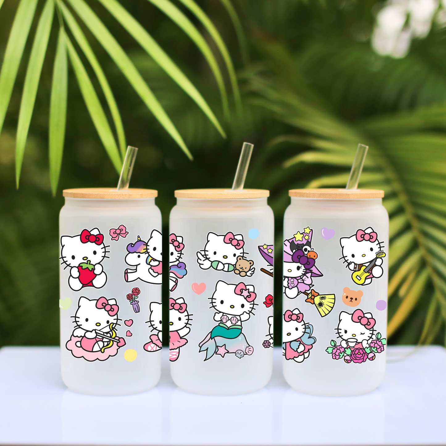 Hello Kitty Anime 16oz Beer Can Glass with Straw and Lid