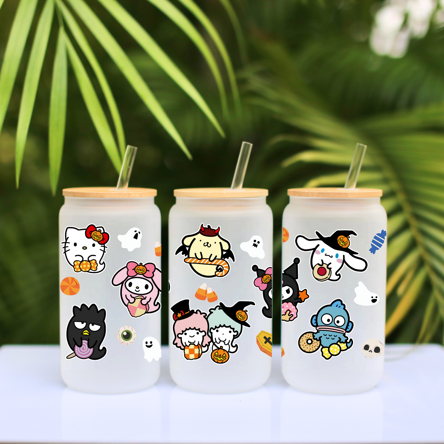 Sanrio-Halloween Sanrio family Anime 16oz Beer Can Glass with Straw and Lid