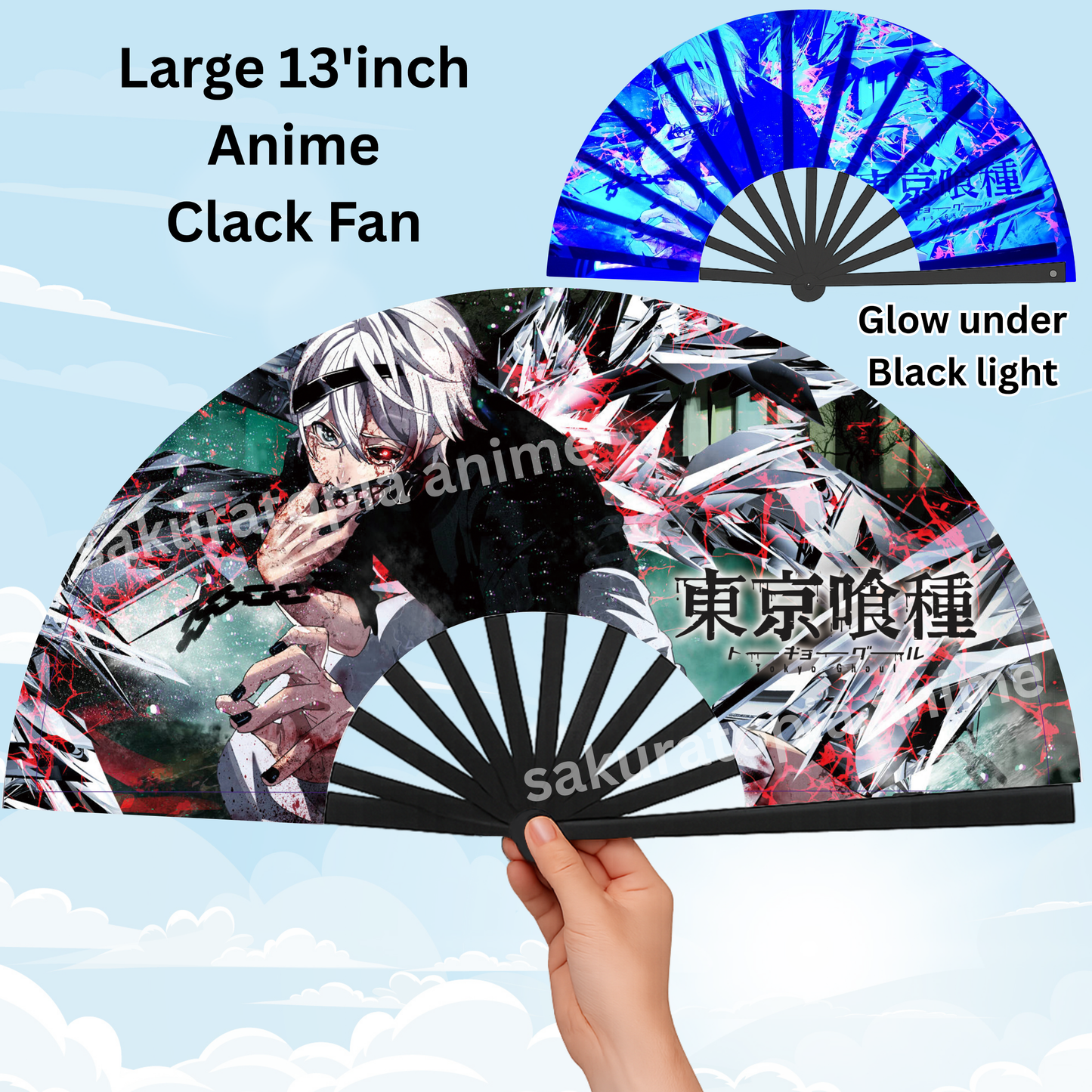 Tokyo Ghoul Anime Clack Fan, Anime Rave Clack Fan, Anime Party Clack Fan, Club fan, UV glow fan, Snap fan, festival fan, 13 inch Fan