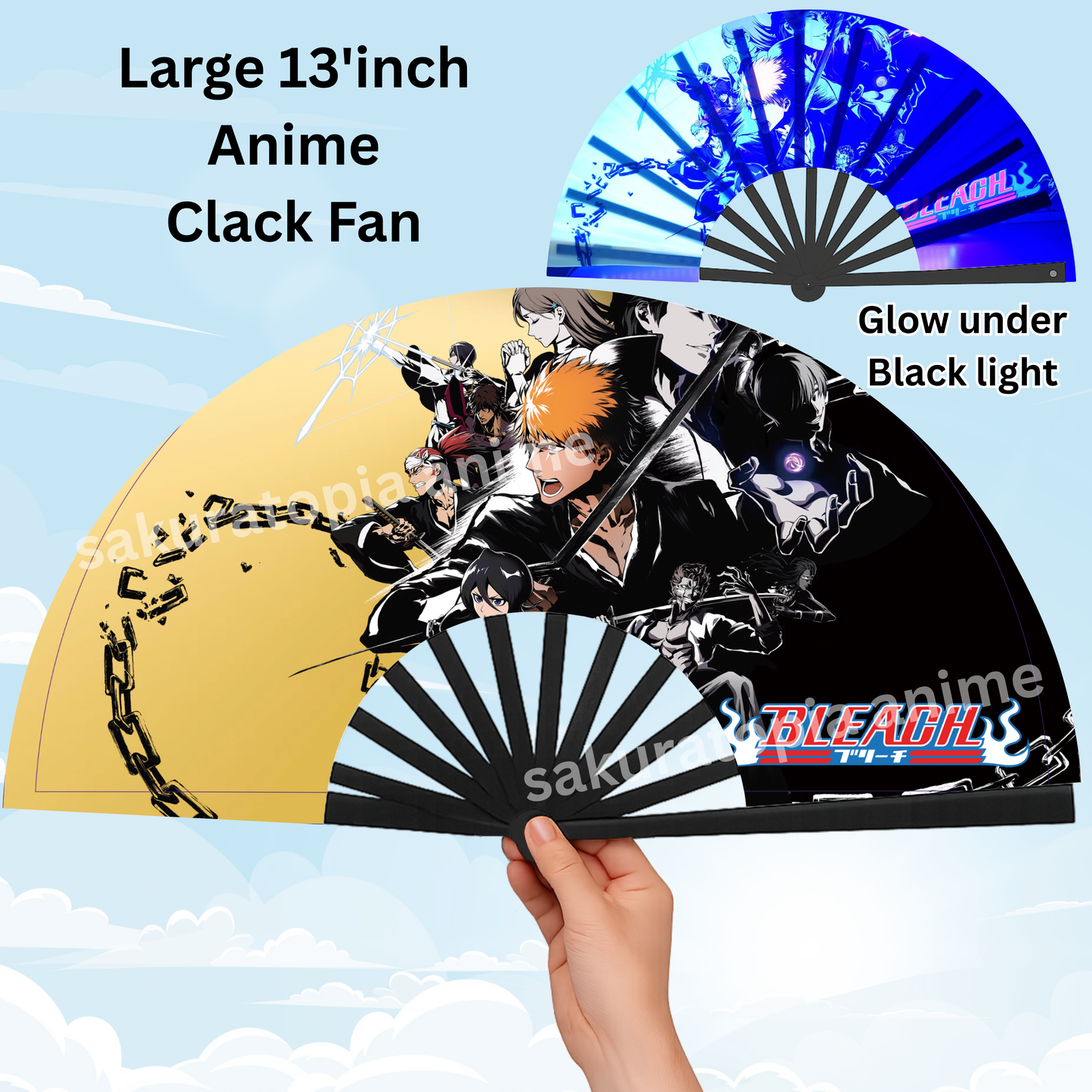 Bleach Anime Clack Fan, Anime Rave Clack Fan, Anime Party Clack Fan, Club fan, UV glow fan, Snap fan, festival fan, 13 inch Fan