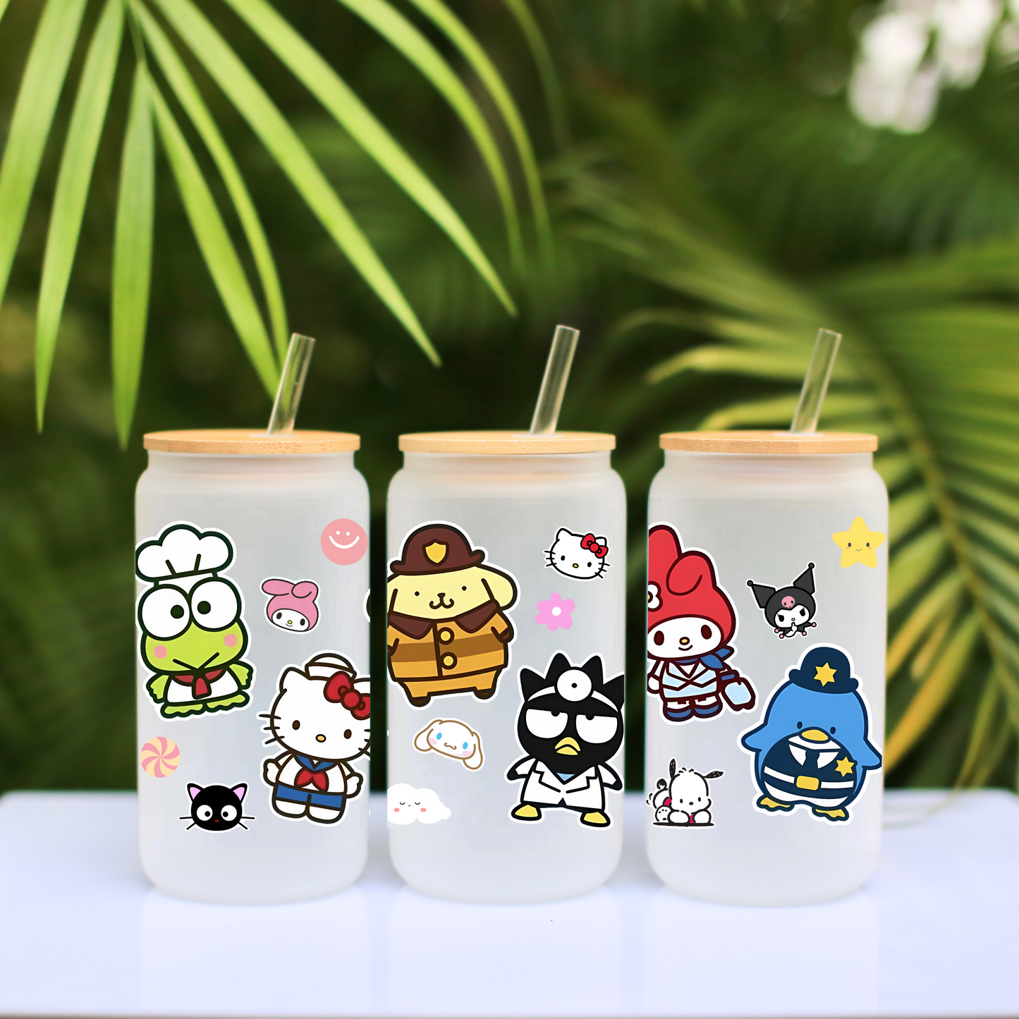 Sanrio-Sanrio family Anime 16oz Beer Can Glass with Straw and Lid