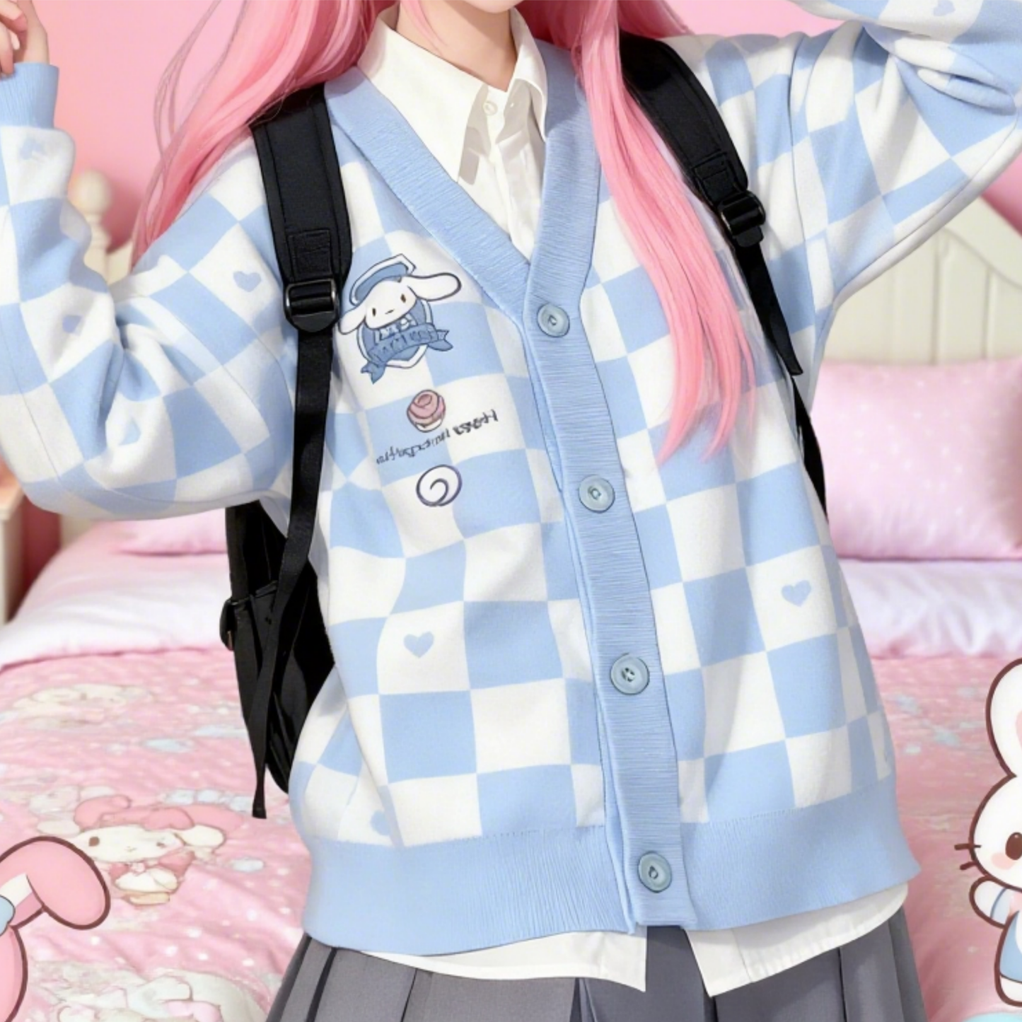 One Sized/Unisize Sanrio Checkered Cardigan, Cute Sweater Cardigan Cartoon, Embroidery Checkerboard Heart sweater, Student Uniform style
