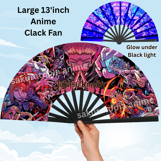 JJK Anime Clack Fan, Anime Rave Clack Fan, Anime Party Clack Fan, Club fan, UV glow fan, Snap fan, festival fan, 13 inch Fan