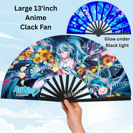 Hatsune Miku Anime Clack Fan, Anime Rave Clack Fan, Anime Party Clack Fan, Club fan, UV glow fan, Snap fan, festival fan, 13 inch Fan