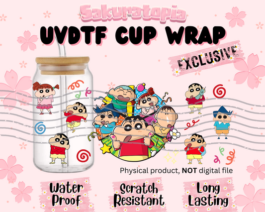 UVDTF Crayon Shin-chan  Anime Cup Wrap, Ready to Use Glass Cup UVDTF transfers for Glass Can | Ready to Apply UVDTF wraps for Libbey Glass