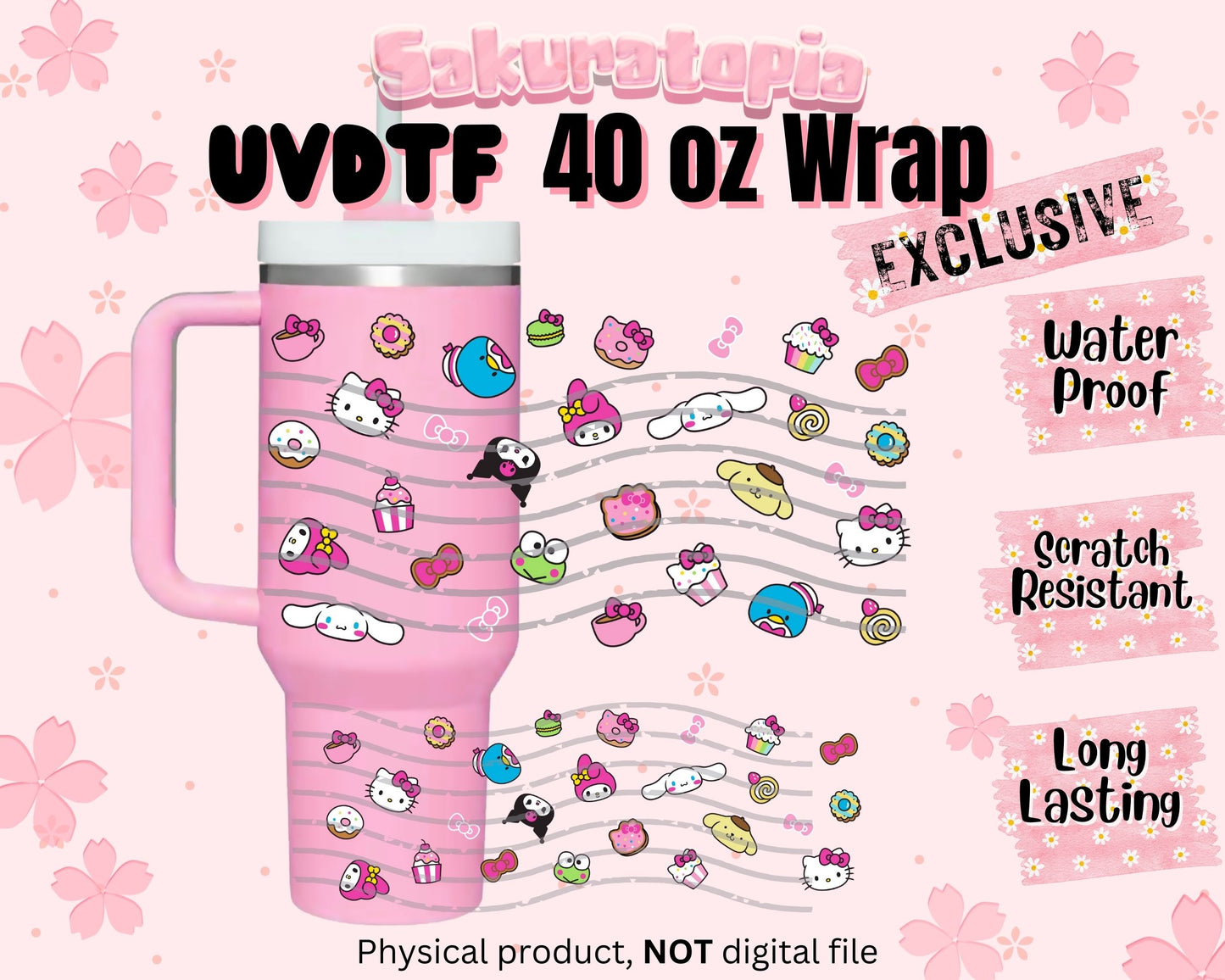 UVDTF 40oz Tumbler Sanrio Anime Wrap, Ready to Use Tumbler UVDTF transfers for tumbler | Ready to Apply UVDTF wraps for 40oz tumbler