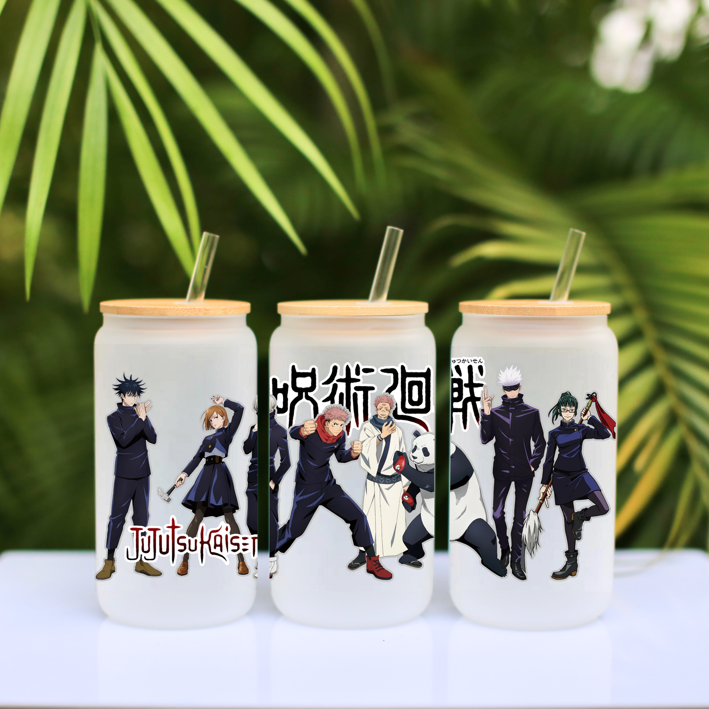 Jujutsu Kaisen Anime 16oz Beer Can Glass with Straw and Lid
