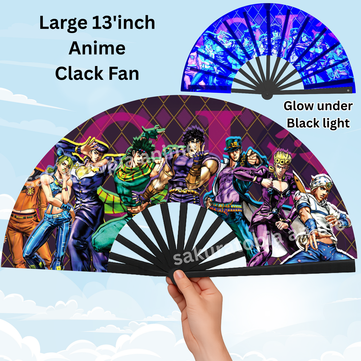 JoJo  Anime Clack Fan, Anime Rave Clack Fan, Anime Party Clack Fan, Club fan, UV glow fan, Snap fan, festival fan, 13 inch Fan