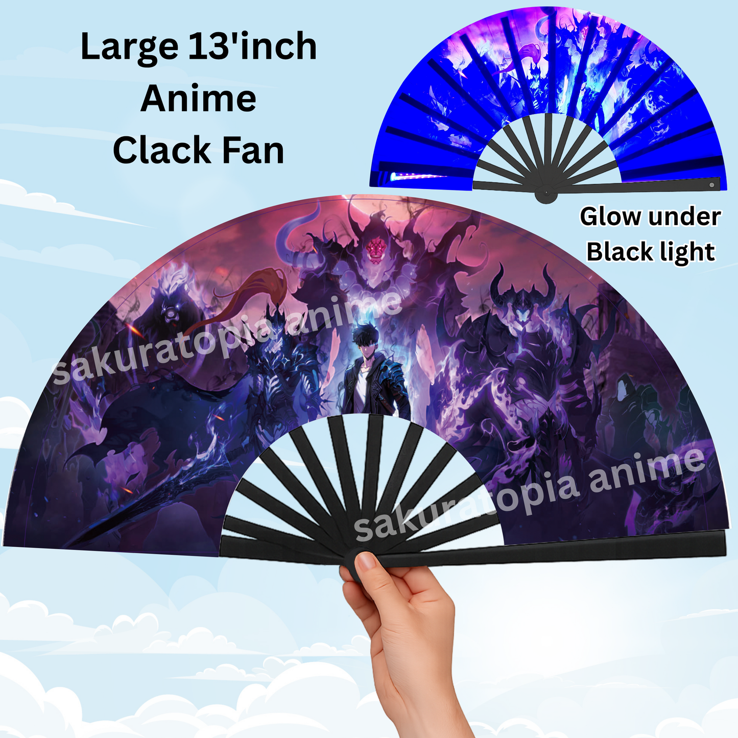 Solo Leveling Anime Clack Fan, Anime Rave Clack Fan, Anime Party Clack Fan, Club fan, UV glow fan, Snap fan, festival fan, 13 inch Fan