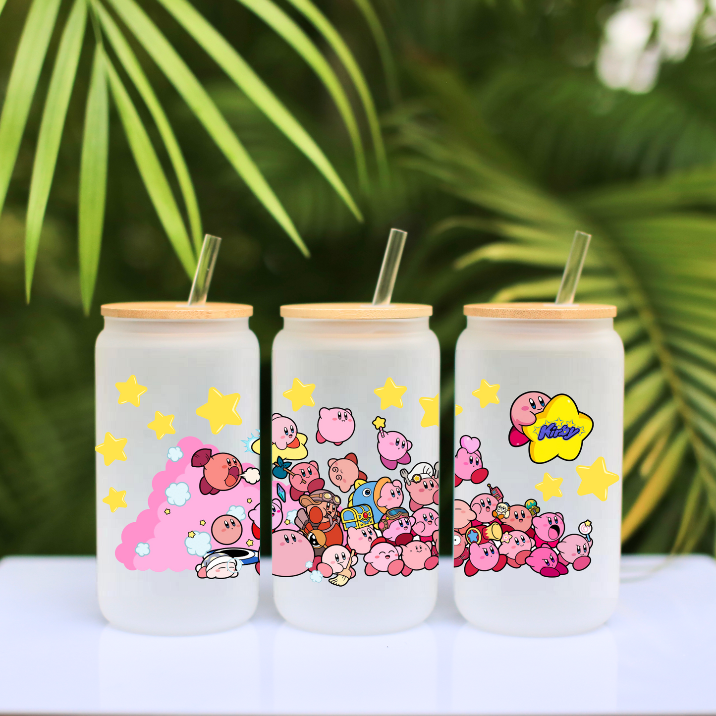 Kirby with Stars Anime 16oz Beer Can Glass with Straw and Lid