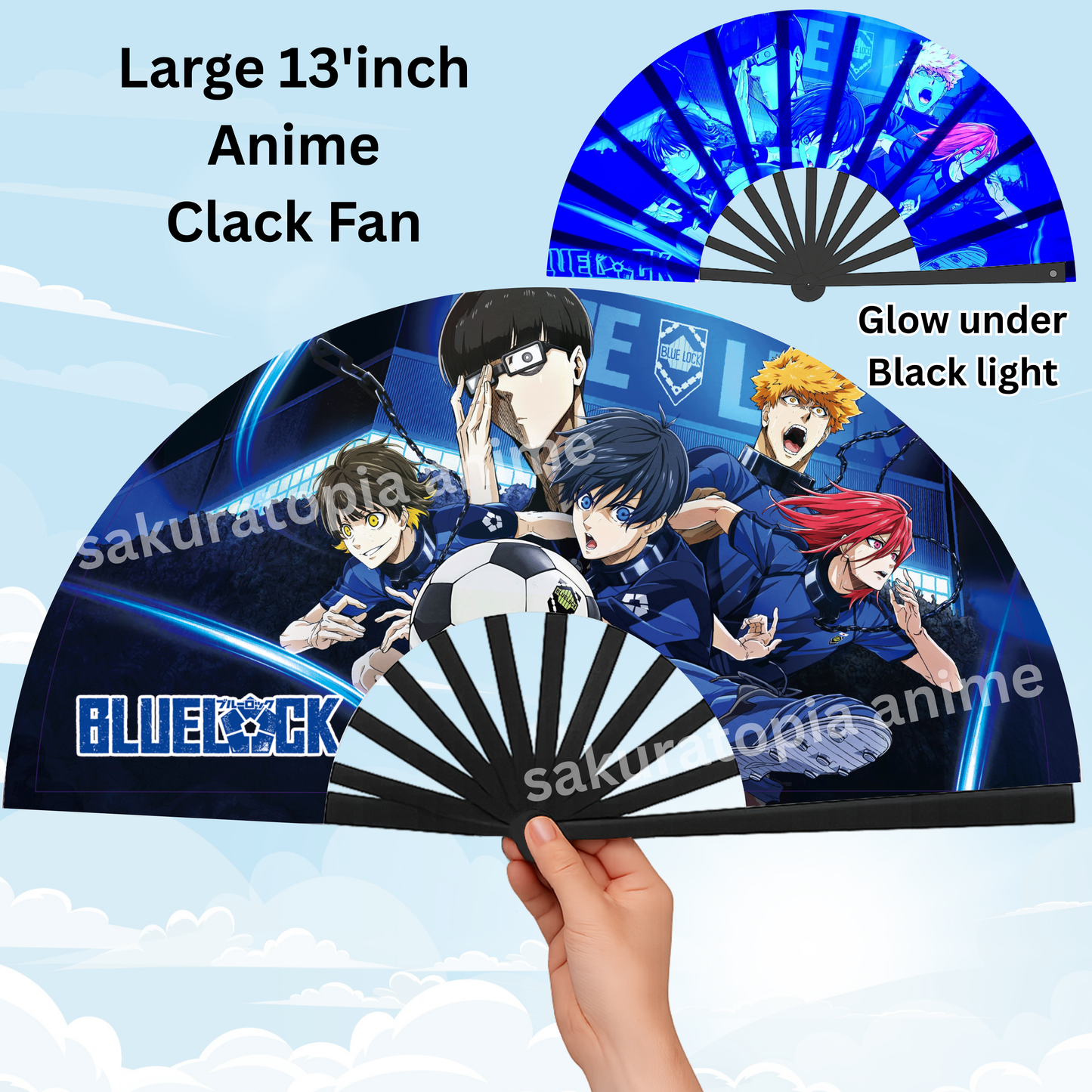 Blue Lock Anime Clack Fan, Anime Rave Clack Fan, Anime Party Clack Fan, Club fan, UV glow fan, Snap fan, festival fan, 13 inch Fan