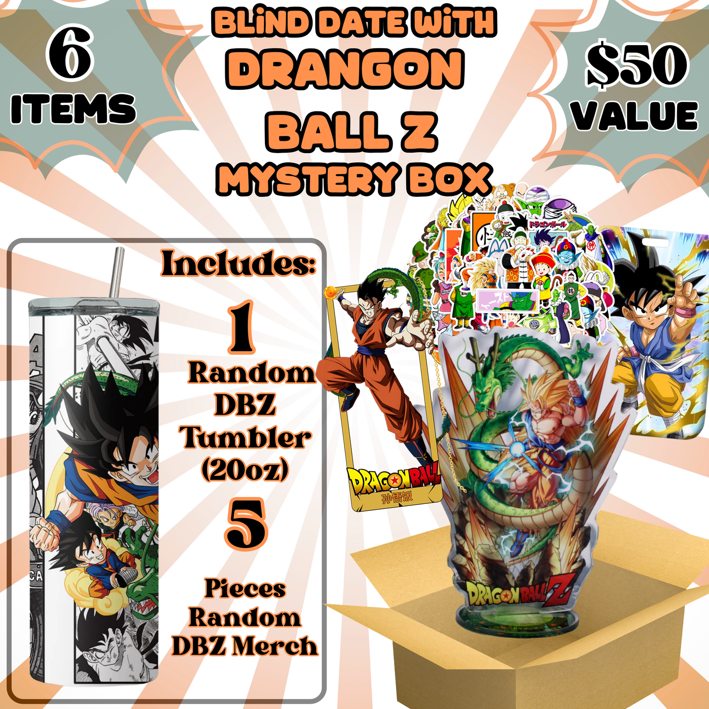 Blind Date with Dragon Ball Z Mystery Box – 20oz Tumbler + 5 Surprise Dragon Ball Z Merch Items