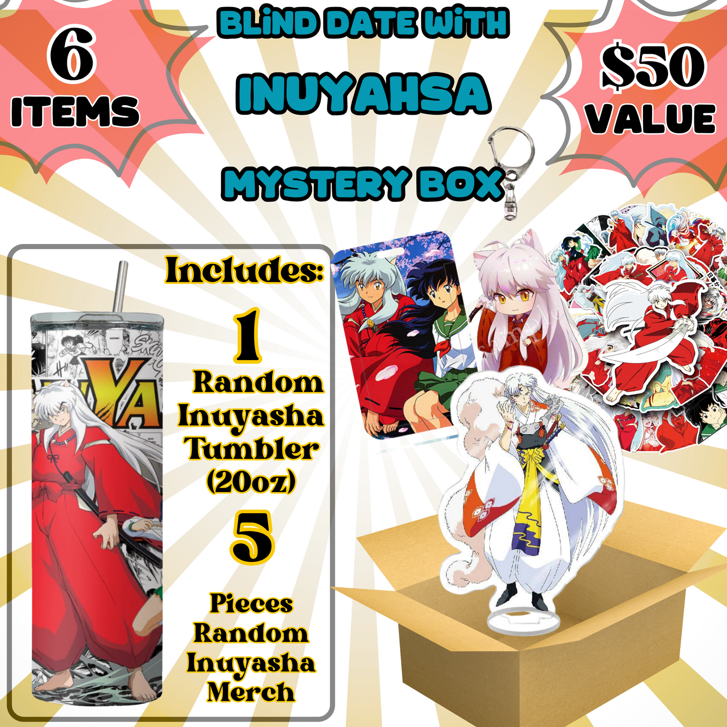 Blind Date with Inuyasha Mystery Box – 20oz Tumbler + 5 Surprise Inuyasha Merch Items