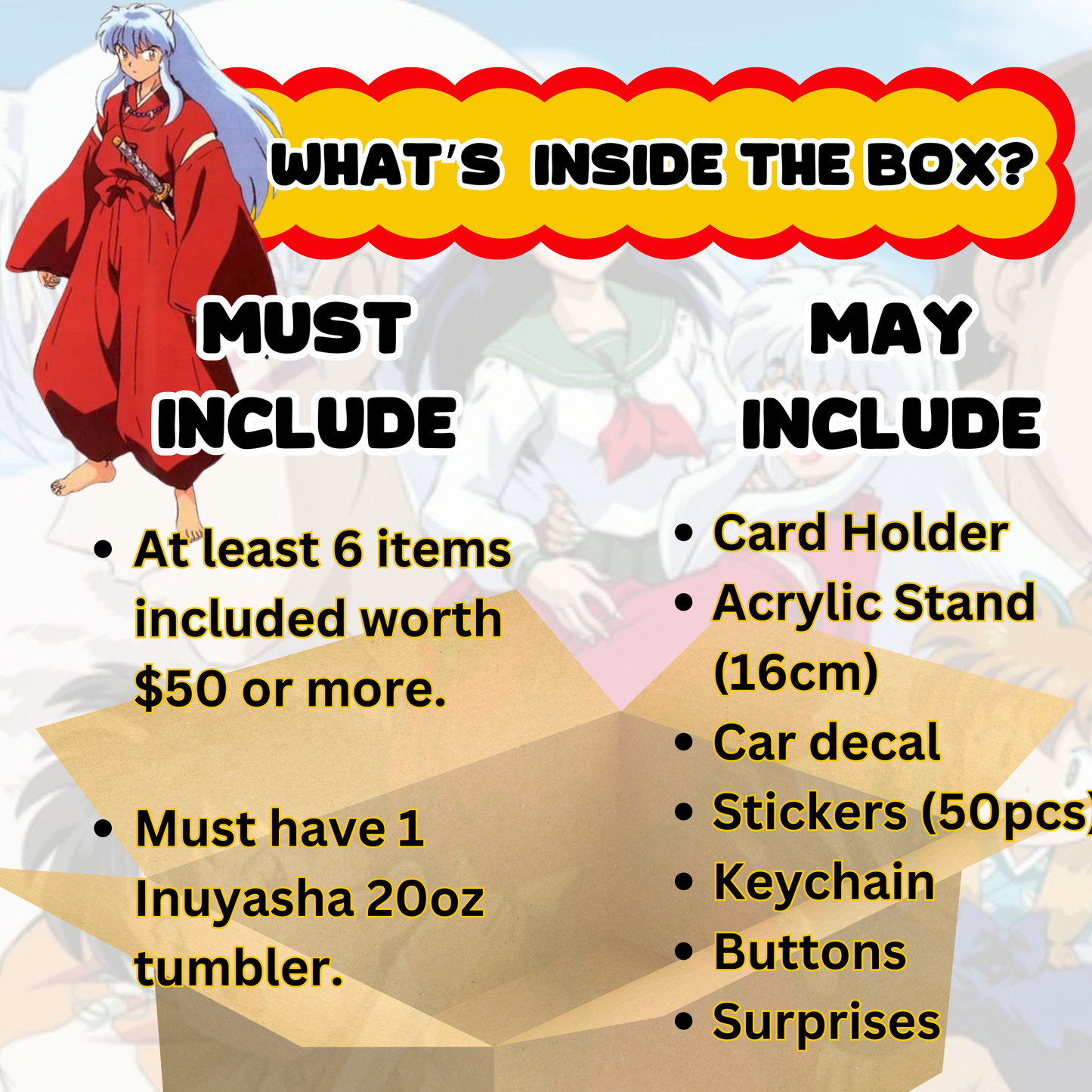 Blind Date with Inuyasha Mystery Box – 20oz Tumbler + 5 Surprise Inuyasha Merch Items