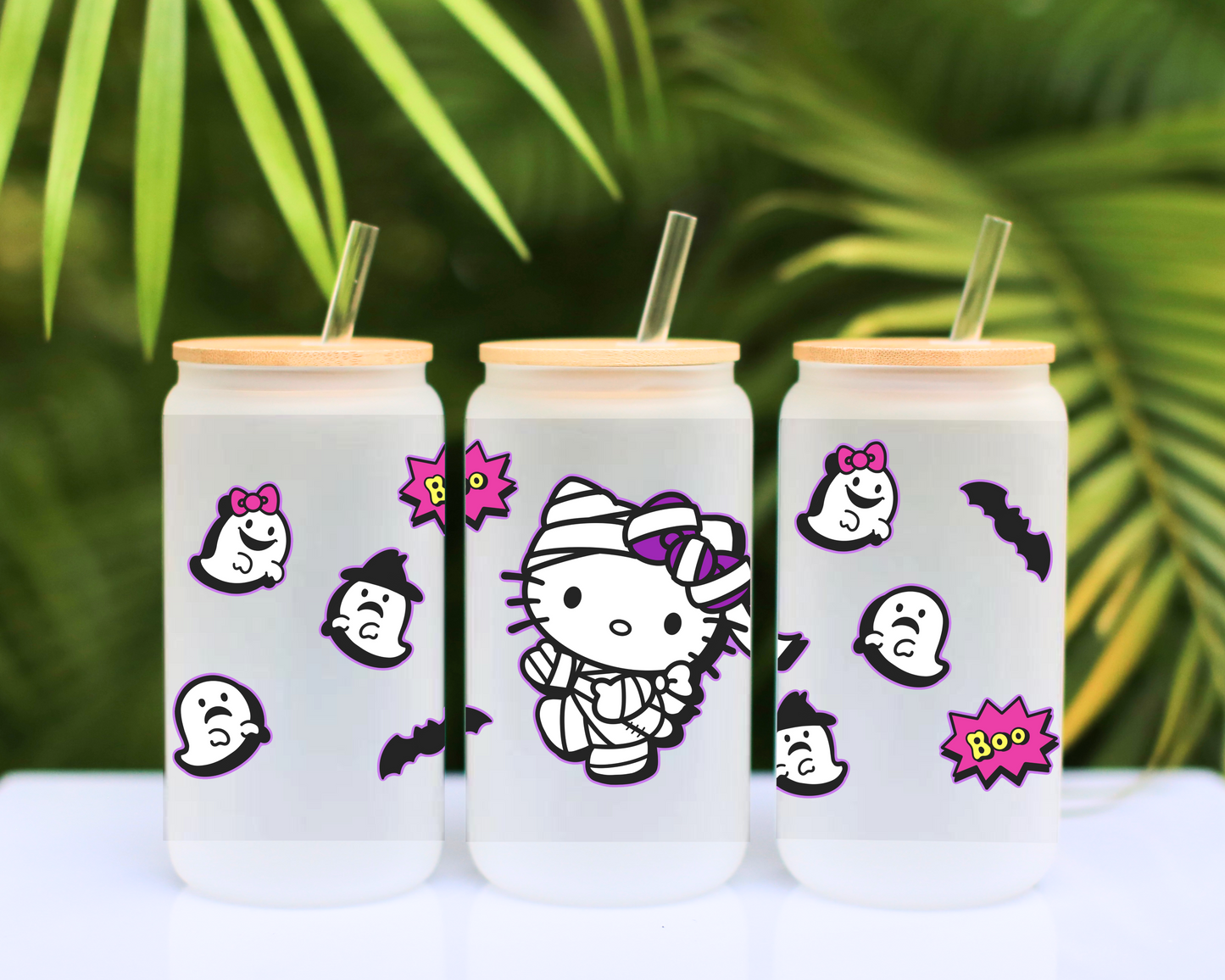 Sanrio-Halloween Hello Kitty Anime 16oz Beer Can Glass with Straw and Lid