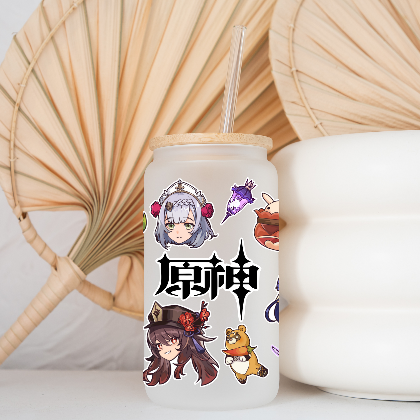 Genshin Impact Anime 16oz Beer Can Glass with Straw and Lid