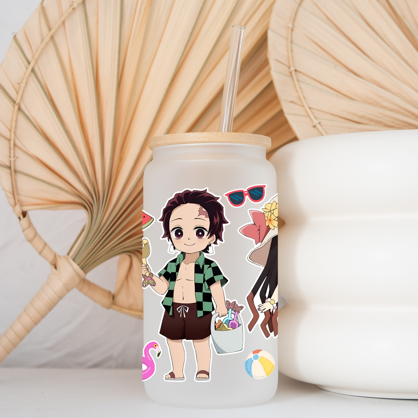 Demon Slayer- Summer Time Anime 16oz Beer Can Glass with Straw and Lid