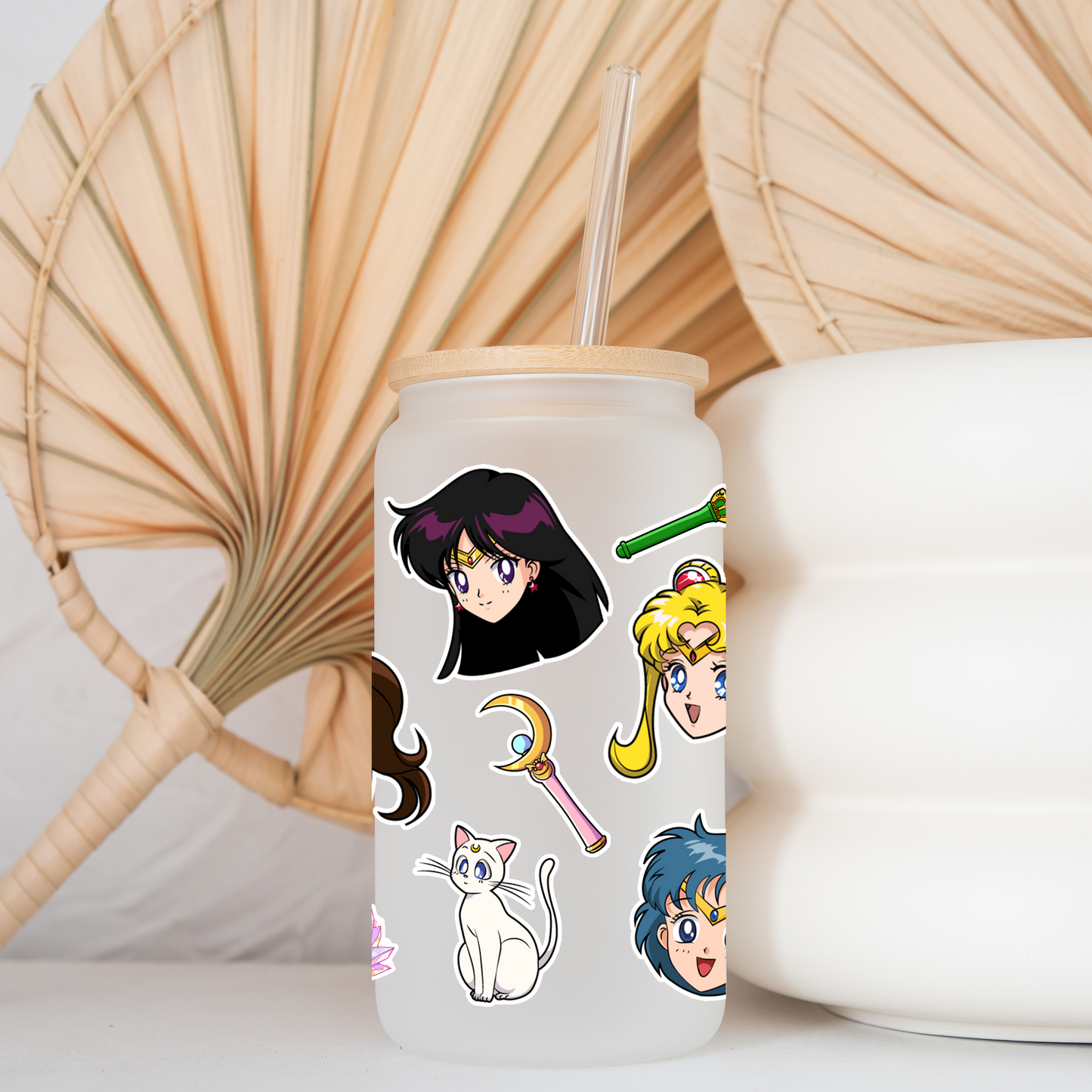 Sailor Moon Anime 16oz Beer Can Glass with Straw and Lid