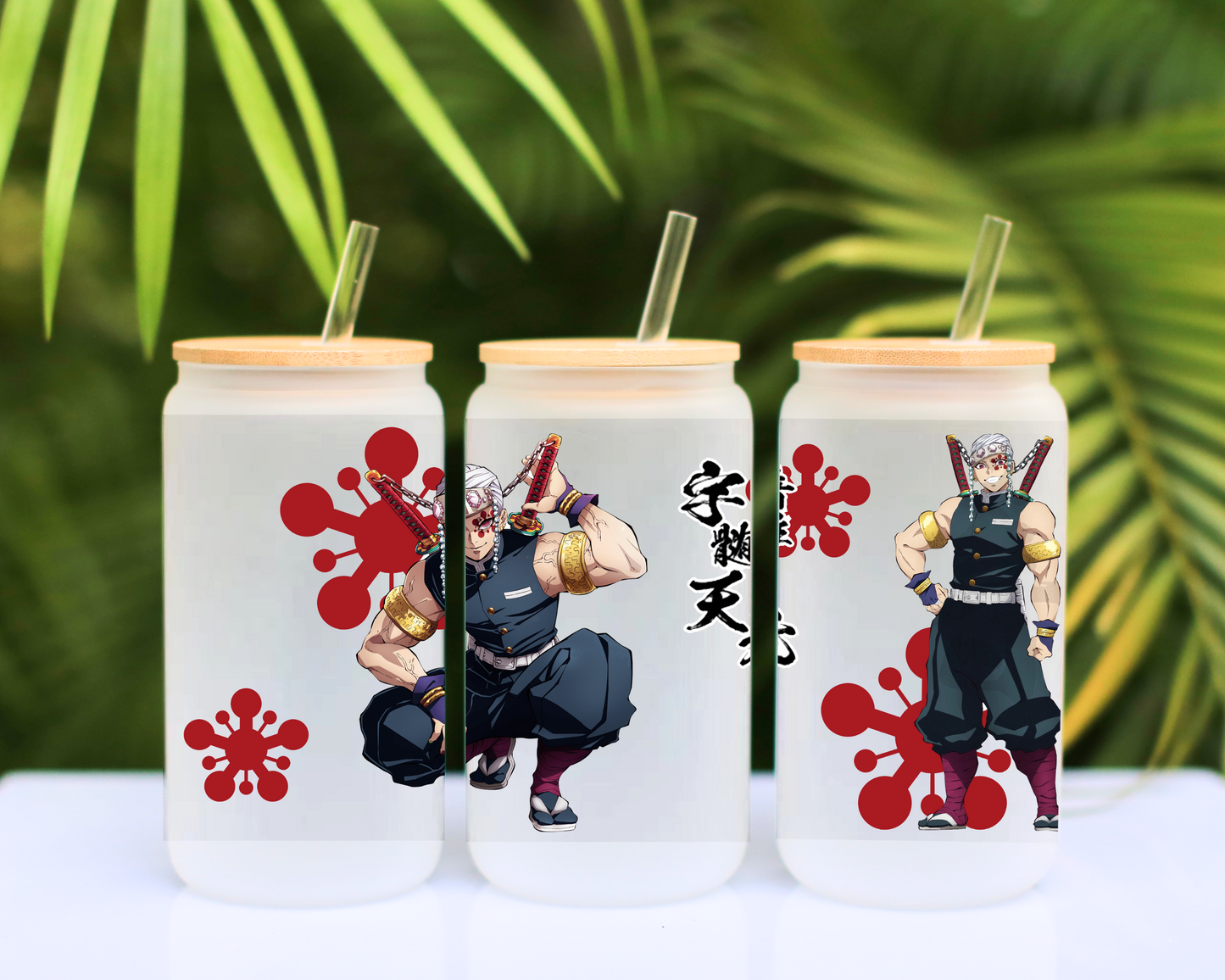 Demon Slayer-Tengen Uzui Anime 16oz Beer Can Glass with Straw and Lid
