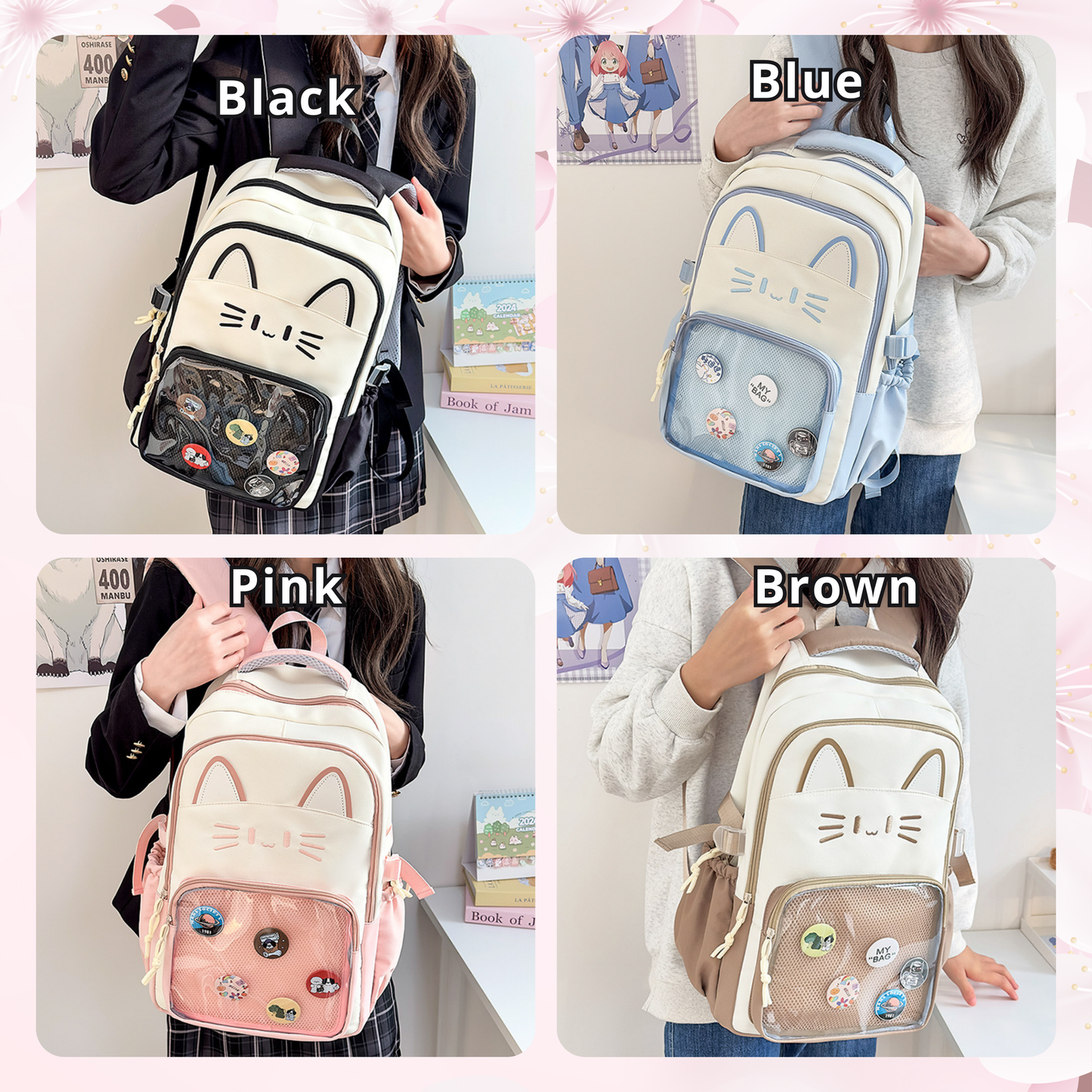 CatFace ita backpack, kawaii ita ba, enamel pin display bag, anime convention bag,  clear window ita backpack, kawaii school backpack