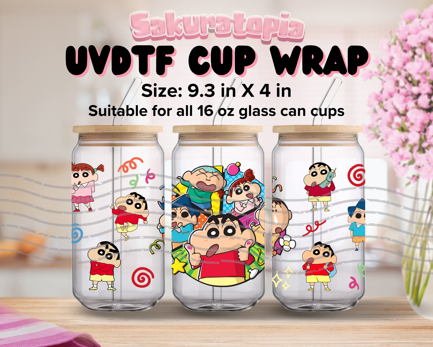 UVDTF Crayon Shin-chan  Anime Cup Wrap, Ready to Use Glass Cup UVDTF transfers for Glass Can | Ready to Apply UVDTF wraps for Libbey Glass