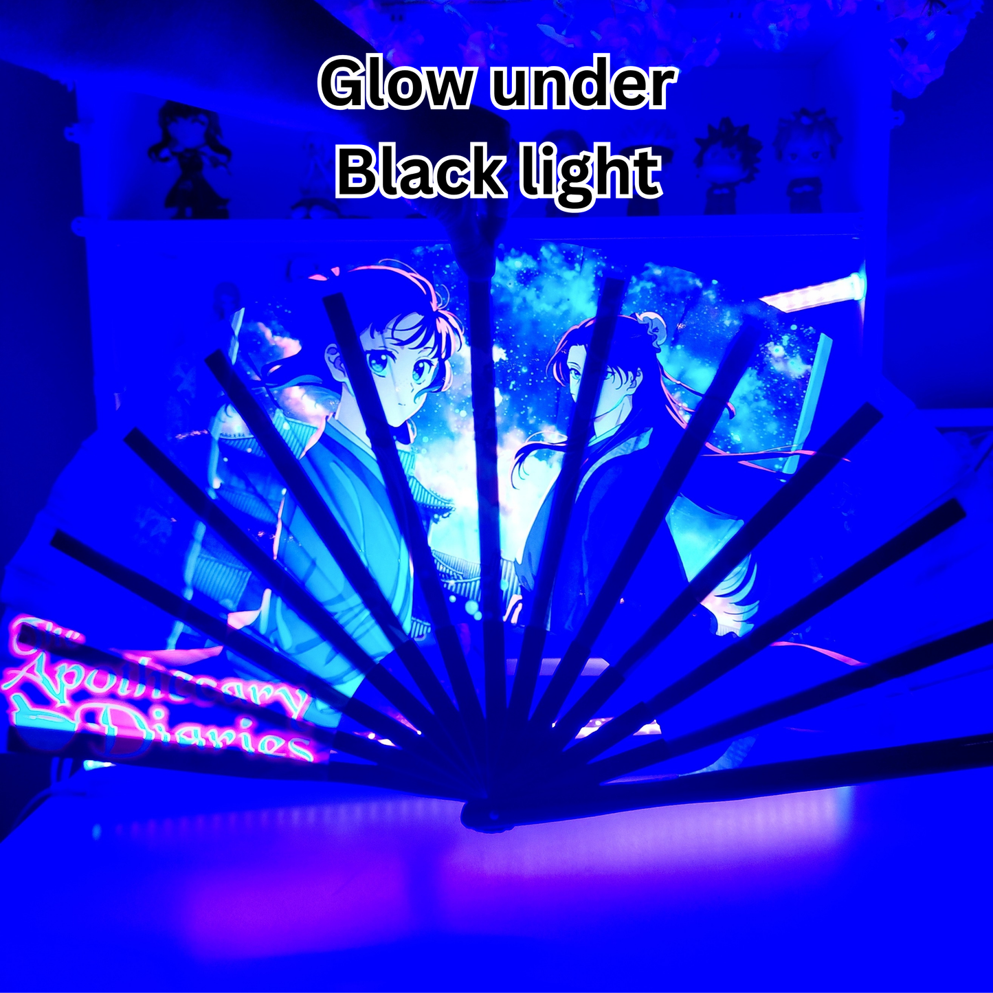 The apothecary Dairy Anime Clack Fan, Anime Rave Clack Fan, Anime Party Clack Fan, Club fan, UV glow fan, Snap fan, festival fan, 13 inch Fan