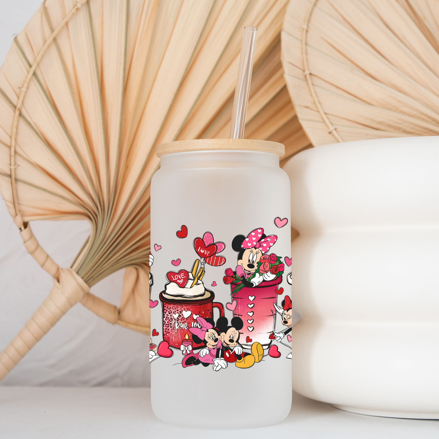 Disney Mickey and Minnie mouse Anime 16oz Beer Can Glass with Straw and Lid