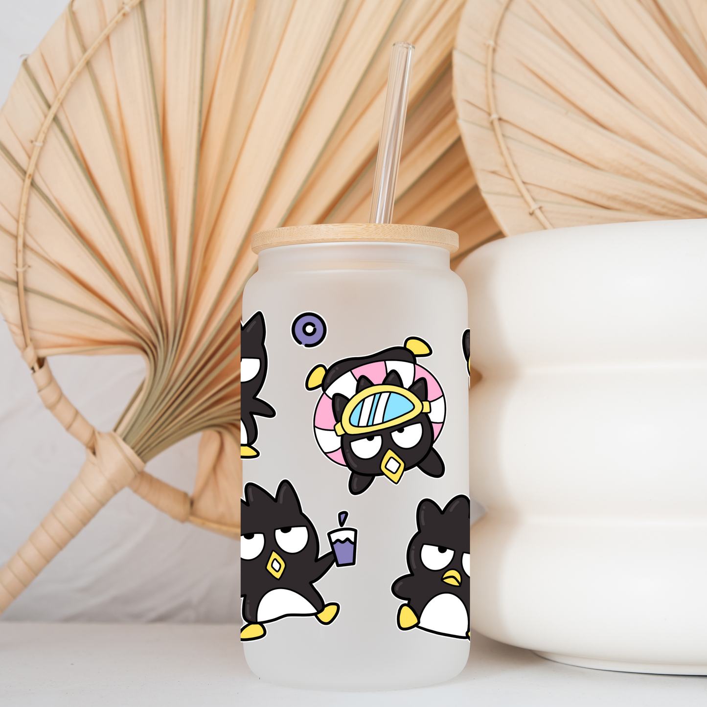 Badtz-Maru Anime 16oz Beer Can Glass with Straw and Lid