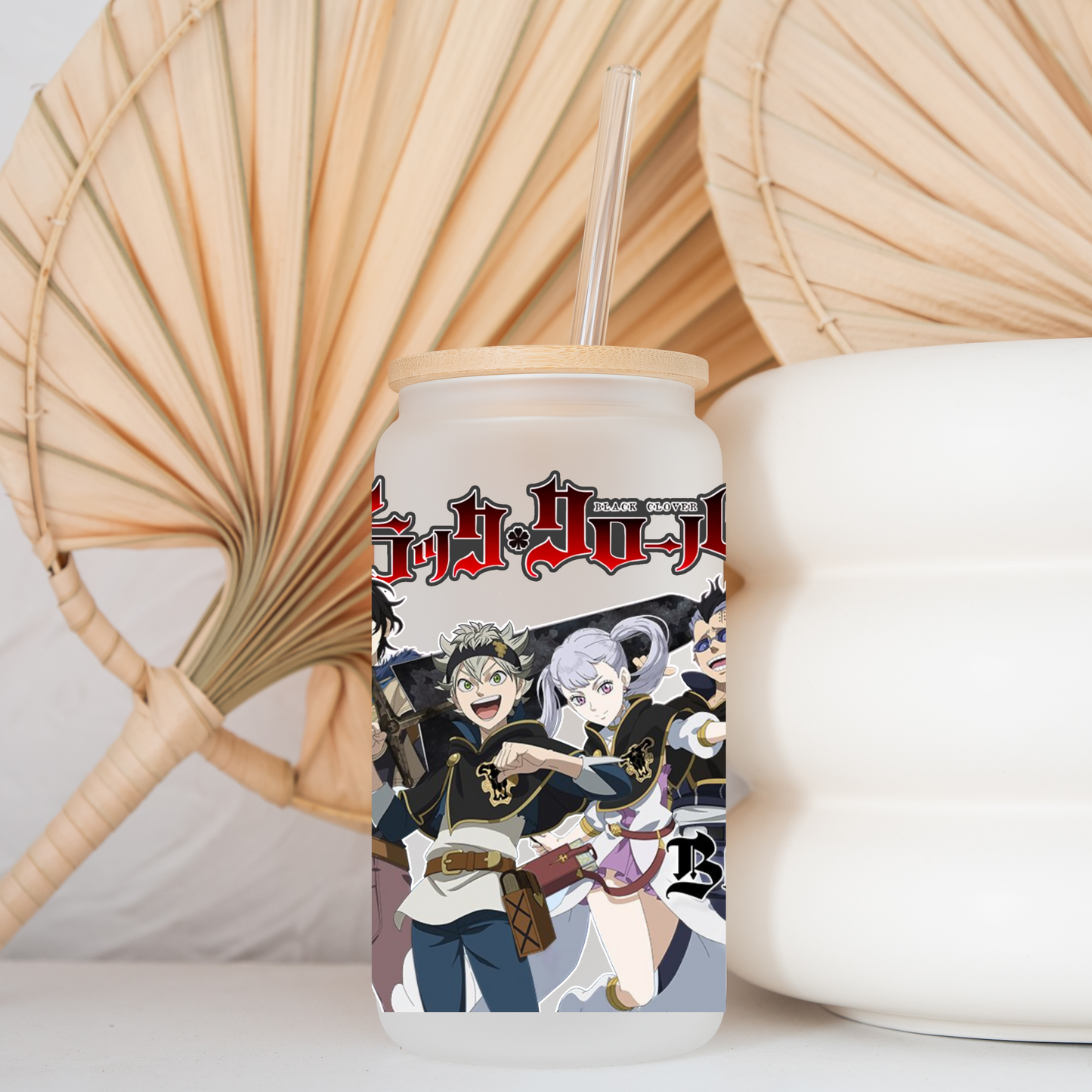 Black Clover Anime 16oz Beer Can Glass with Straw and Lid
