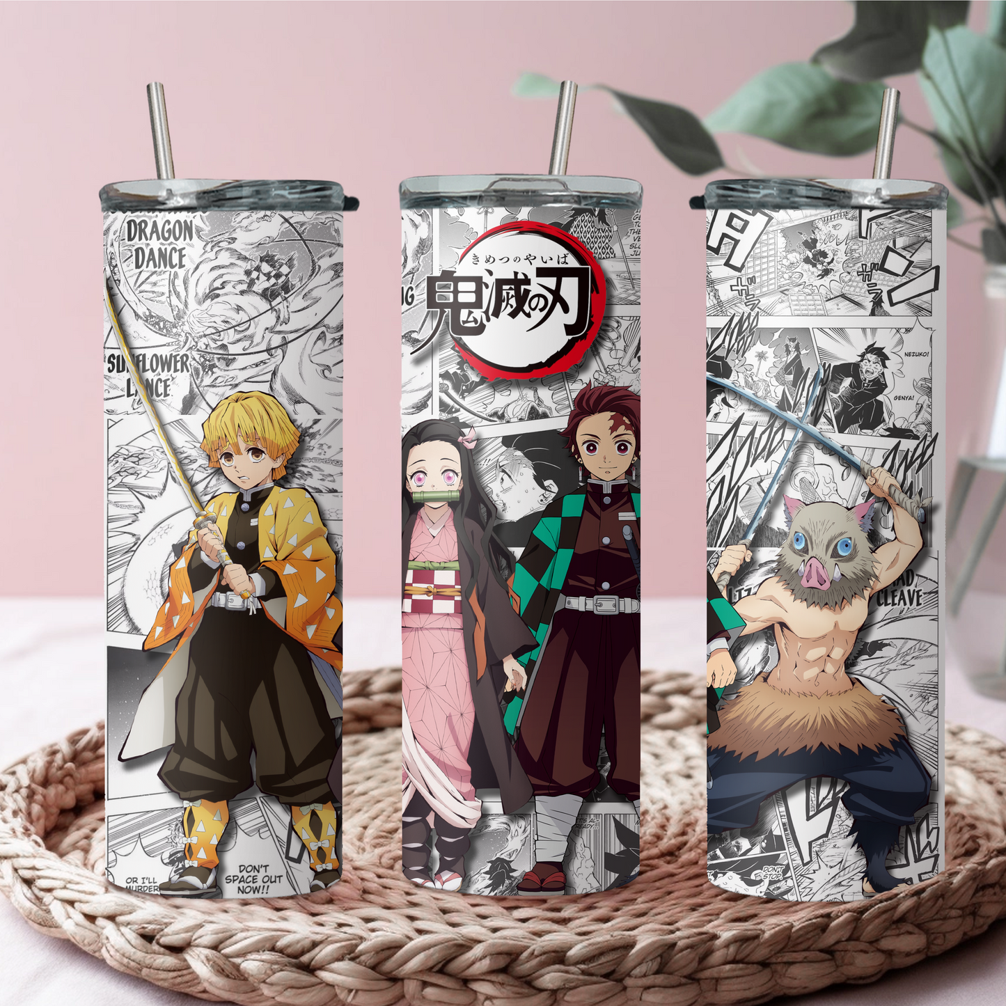 Demon Slayer Tanjiro, Nezuko, Zenitsu, Inosuke, Anime 20oz Tumbler with Straw and Lid