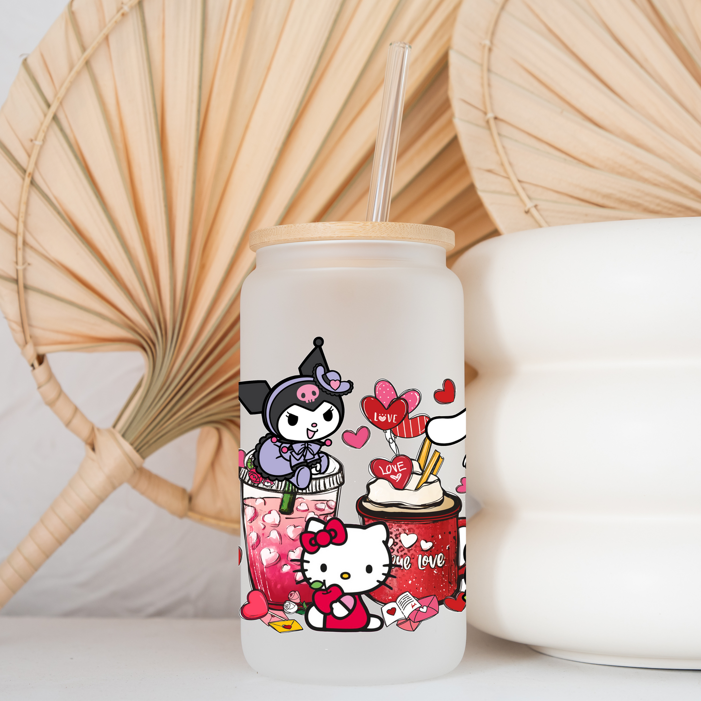 Sanrio Love coffee cup Anime 16oz Beer Can Glass with Straw and Lid