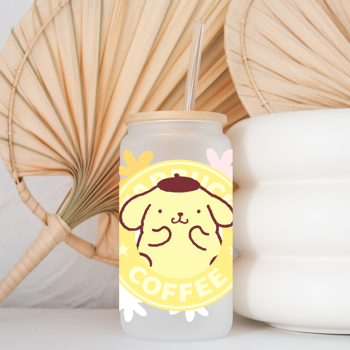 Pompompurin with flowers Anime 16oz Beer Can Glass with Straw and Lid