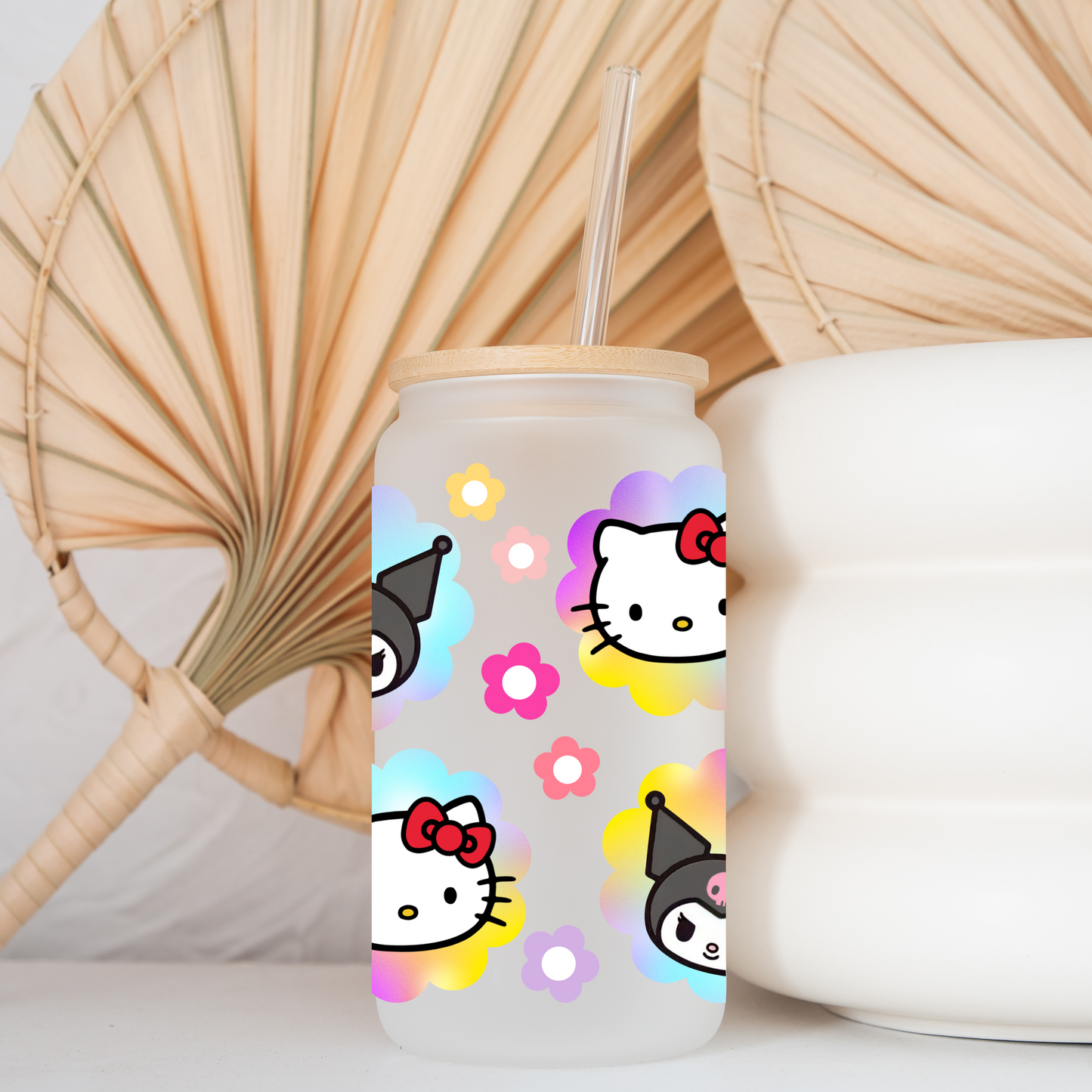 Hello Kitty & Kuromi Rainbow Flower Anime 16oz Beer Can Glass with Straw and Lid