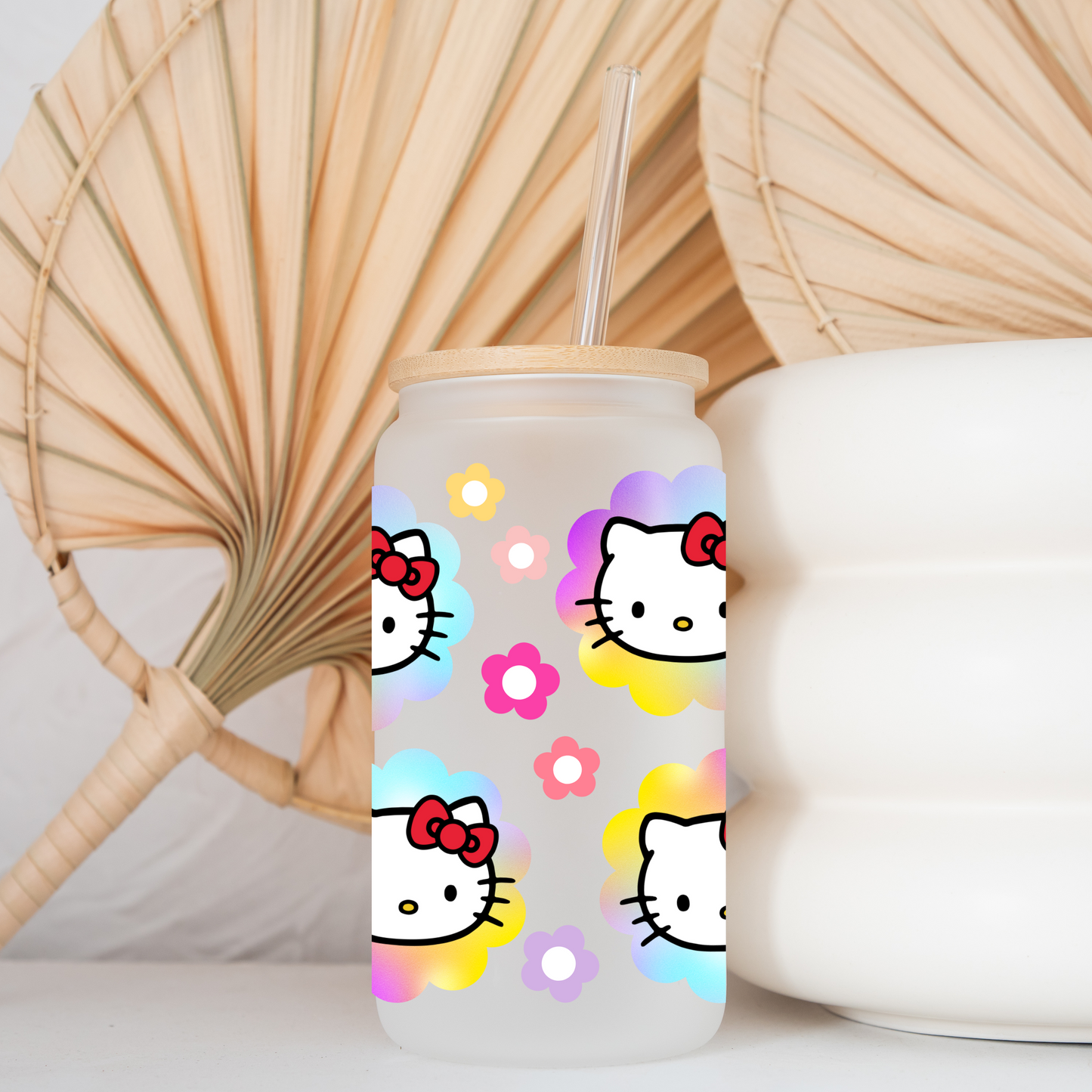 Hello Kitty Rainbow Flowers Anime 16oz Beer Can Glass with Straw and Lid