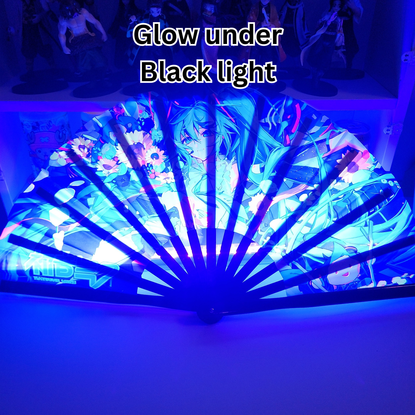 Hatsune Miku Anime Clack Fan, Anime Rave Clack Fan, Anime Party Clack Fan, Club fan, UV glow fan, Snap fan, festival fan, 13 inch Fan