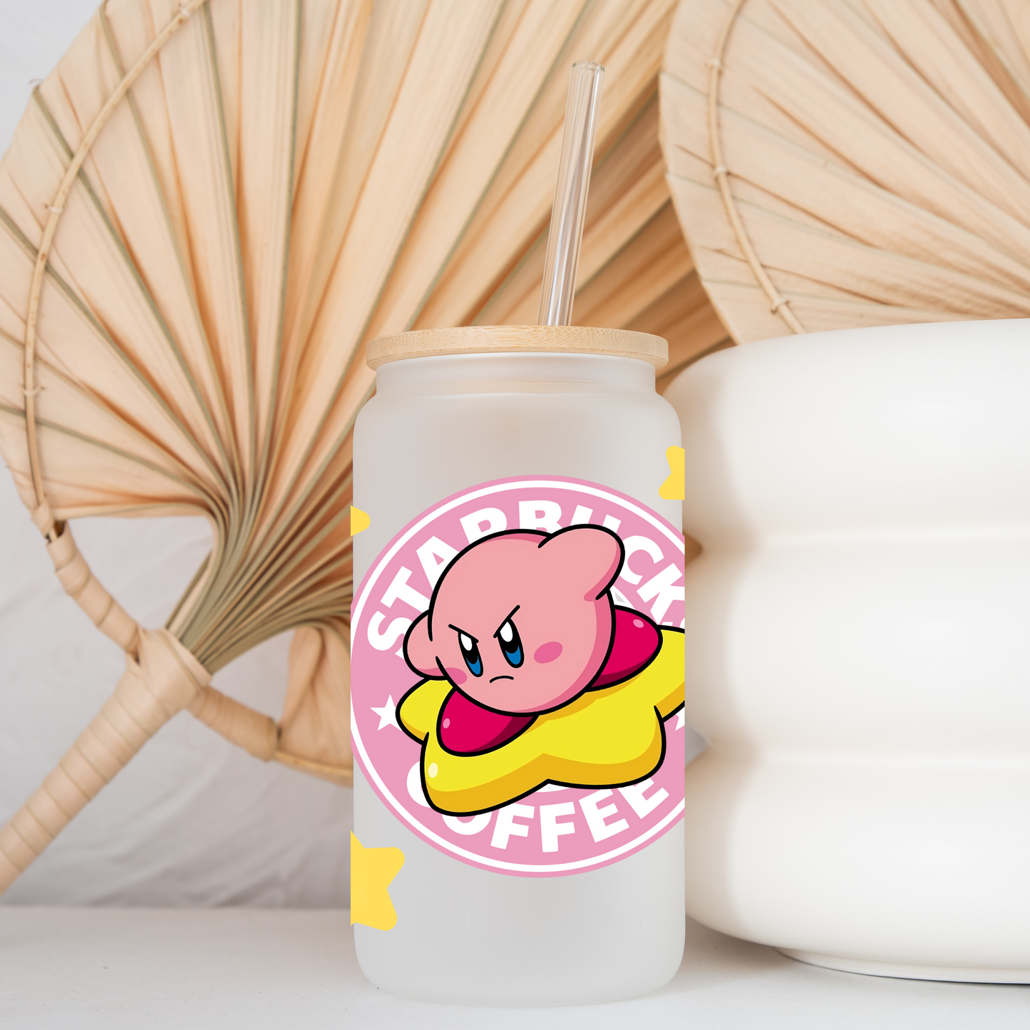 Kirby Anime 16oz Beer Can Glass with Straw and Lid